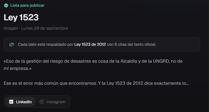 Pantalla Hoy del software de contenido de Efectuando: la publicación del día lista, con el texto respaldado por la Ley 1523 de 2012 y las pestañas de LinkedIn e Instagram.