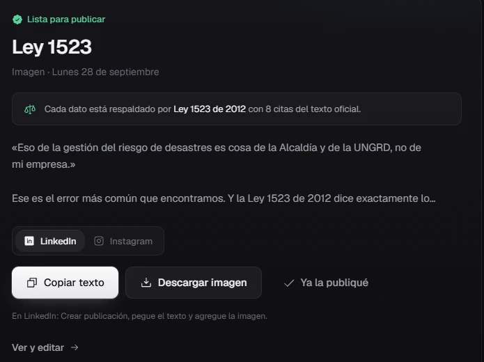 Publicación lista con pestañas de LinkedIn e Instagram y botones para copiar el texto y descargar la imagen.