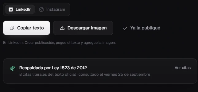 Publicación con sus pestañas de LinkedIn e Instagram y el sello Respaldada por Ley 1523 de 2012: 8 citas literales del texto oficial.