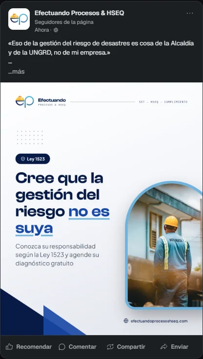 Una publicación de Efectuando lista en el software: vista previa de LinkedIn con su imagen, y la marca Respaldada por Ley 1523 de 2012 con 8 citas literales del texto oficial.