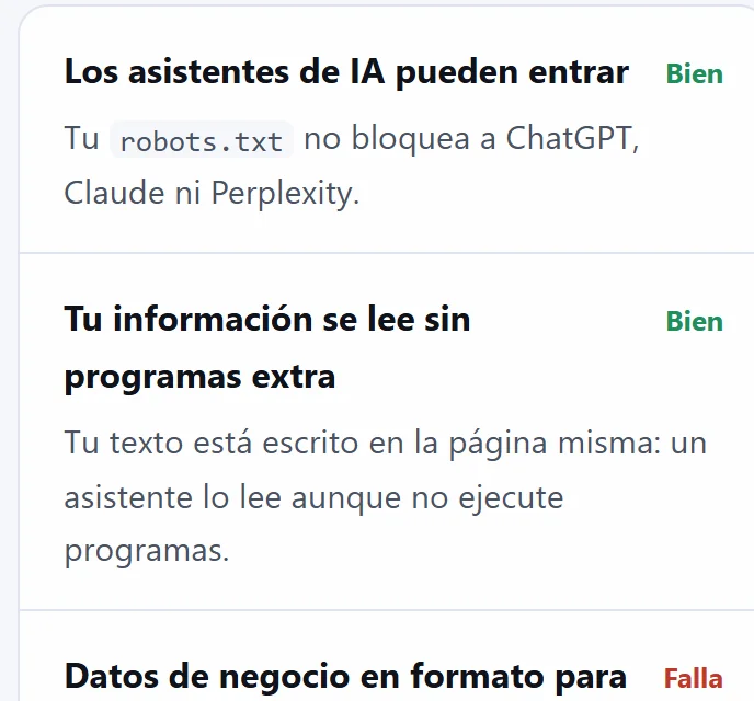 Fragmento de la revisión de visibilidad en IA: si los asistentes pueden entrar y leer el sitio.