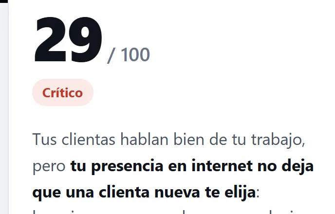 Fragmento de un mini-diagnóstico de ejemplo: nota 29 sobre 100, banda crítica.